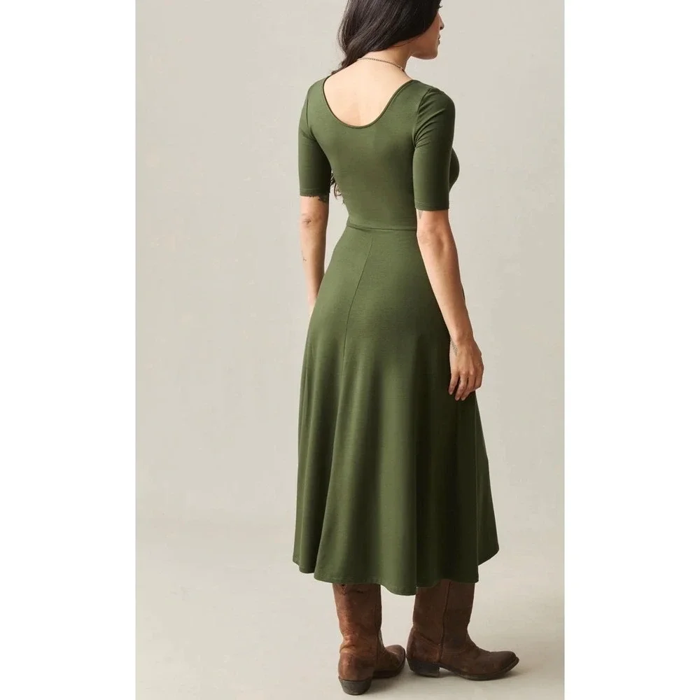 American Giant Olive Green Flex Fit & Flare Midi Dress Womens Size M USA Made - Picture 6 of 12